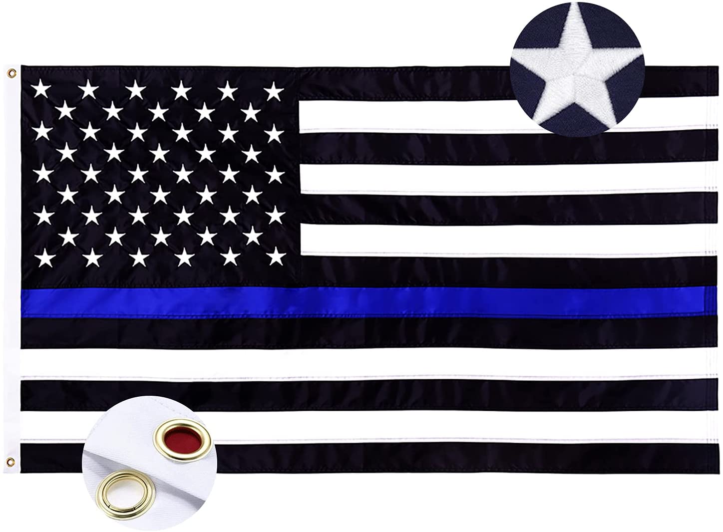 Heavy Duty Embroidered Thin Blue Line American Nylon Flag 3X5 FT